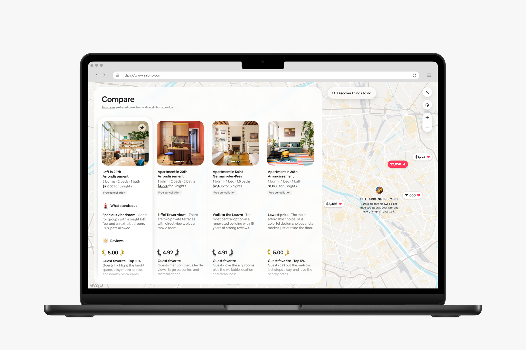 Giao diện Airbnb so sánh nhiều căn lưu trú trên bản đồ