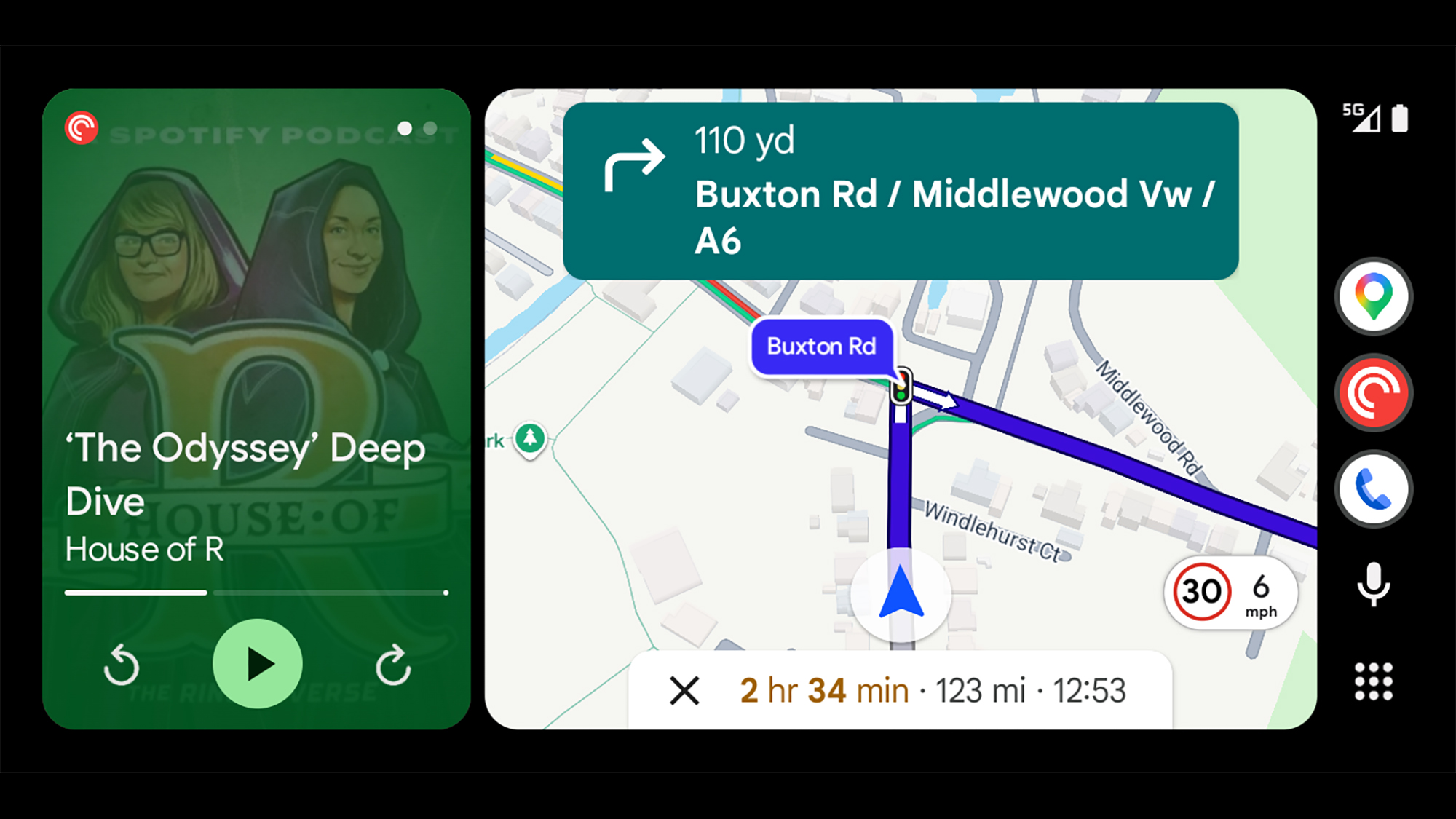 Giao diện Android Auto hiển thị bản đồ và thanh trạng thái