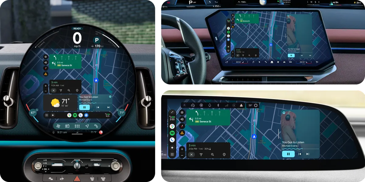 Giao diện Android Auto hiển thị trên các màn hình xe với hình dạng khác nhau