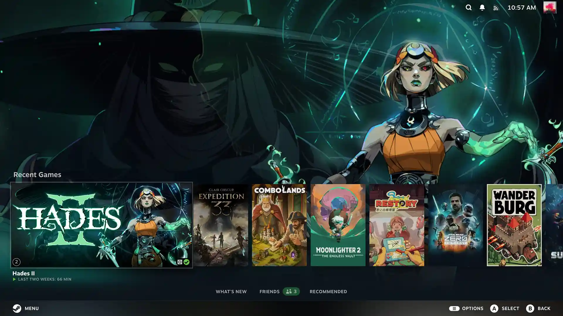 Giao diện Big Picture của Steam với thư viện game gần đây