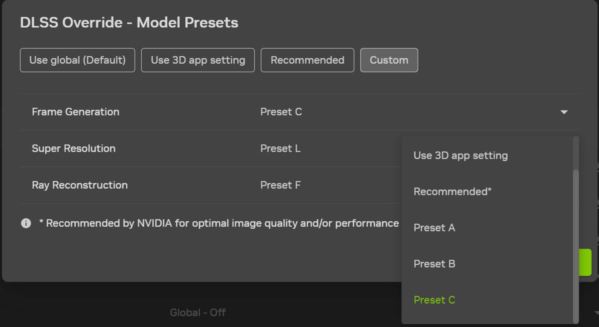 Giao diện cài đặt Preset C trong NVIDIA App