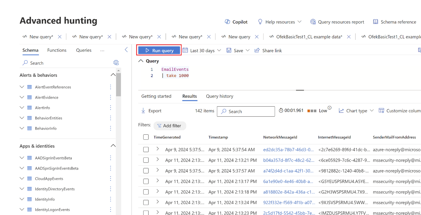 Giao diện chạy truy vấn EmailEvents và xuất kết quả trong Defender
