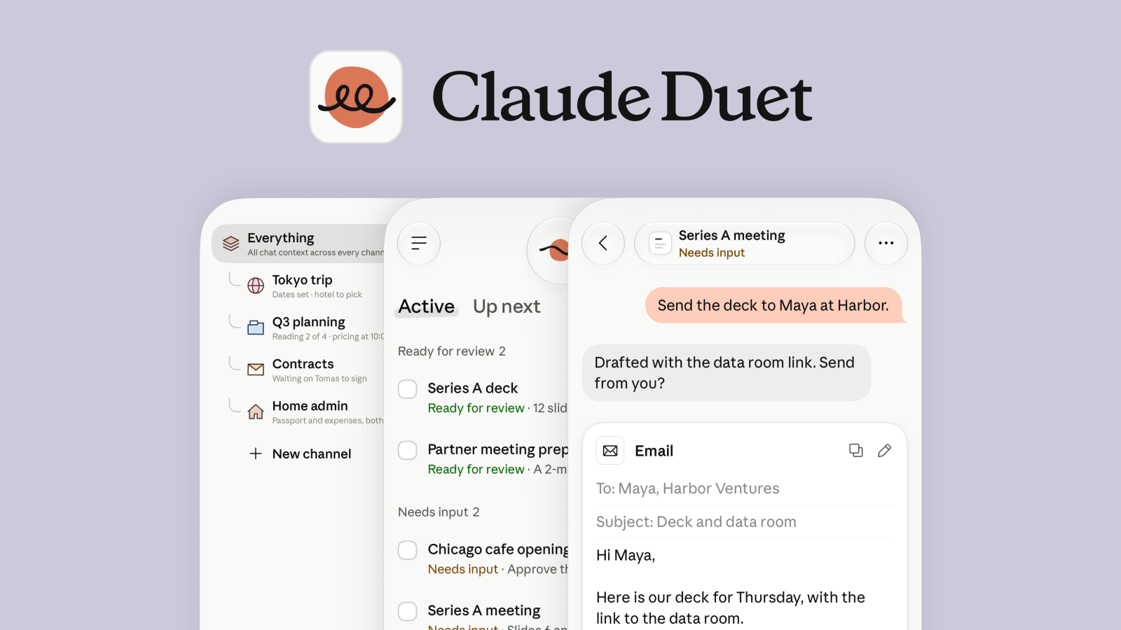 Giao diện Claude Duet cho thấy ứng dụng được thiết kế quanh luồng công việc chủ động, thay vì chỉ chờ câu hỏi trong khung chat.