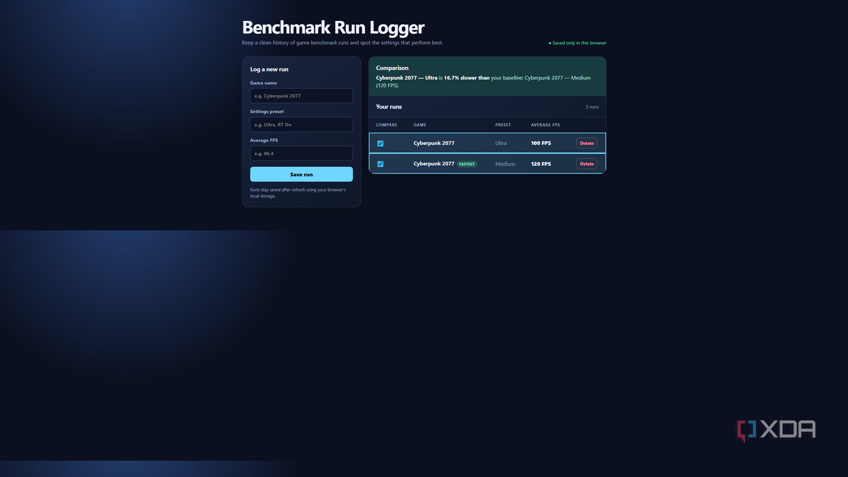 Giao diện công cụ ghi benchmark do Codex tạo với bảng các lần chạy và kết quả so sánh