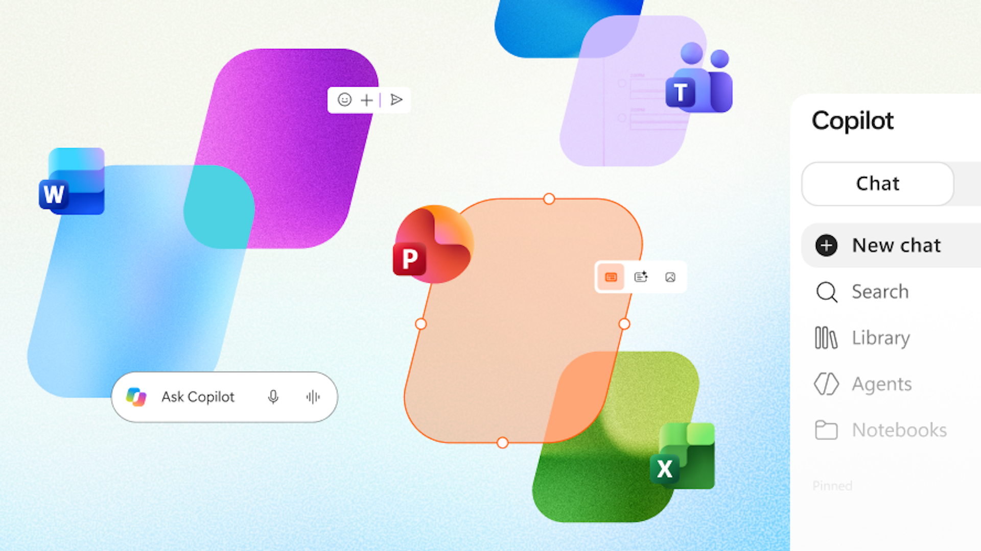 Giao diện Copilot với biểu tượng Word, Excel, PowerPoint và Library