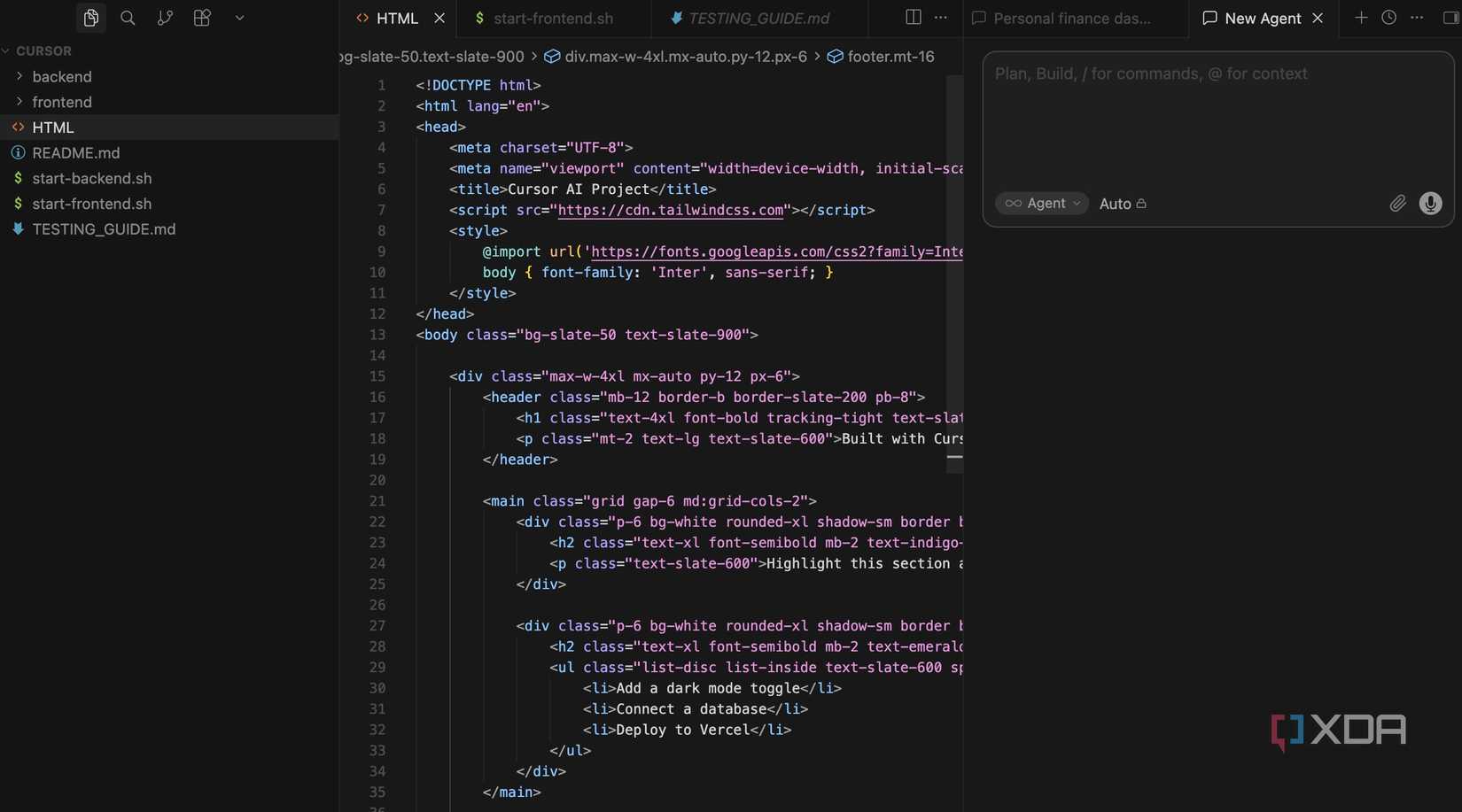 Giao diện Cursor với cây thư mục, file HTML và khung Agent bên phải