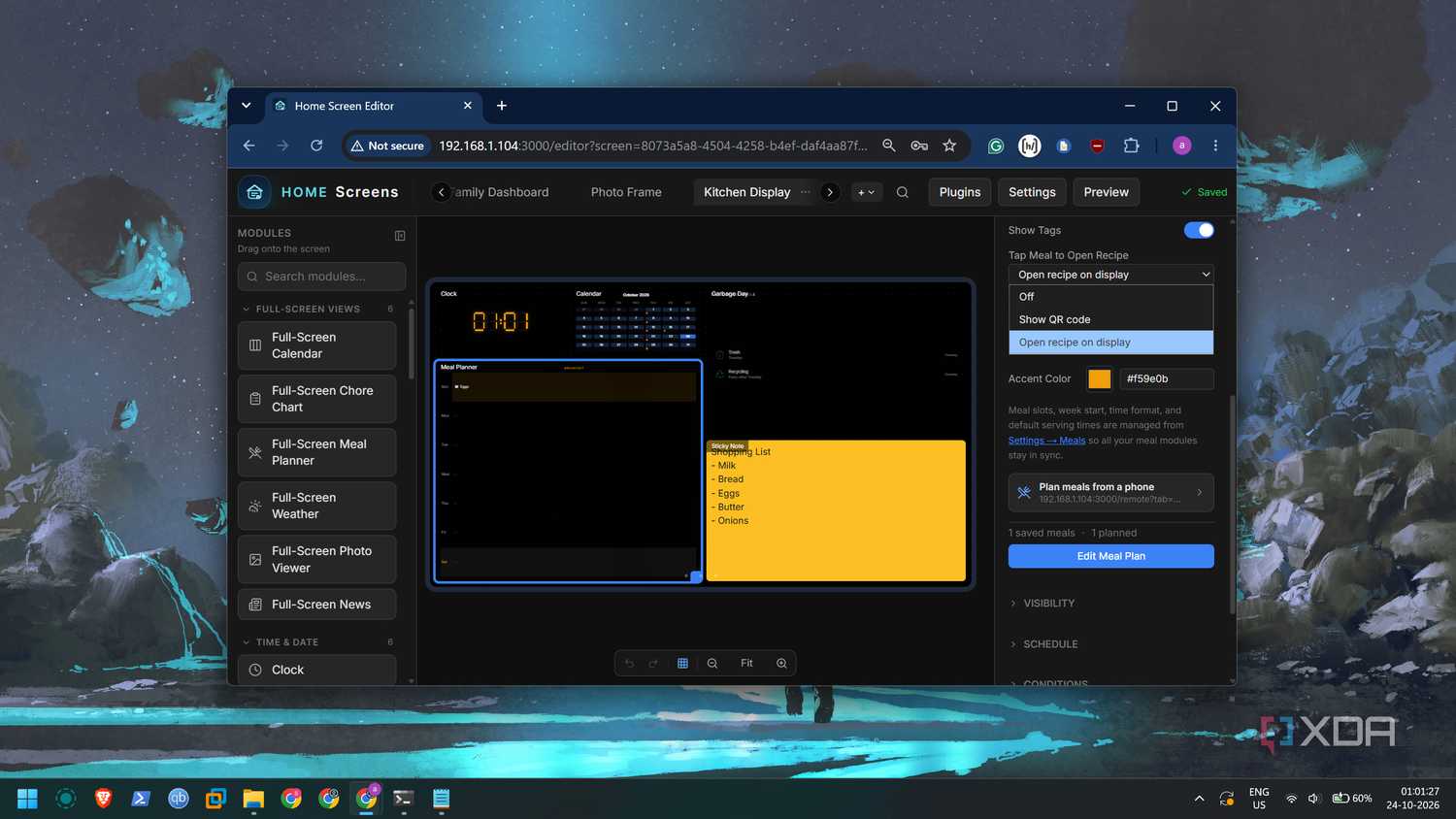 Giao diện dashboard Home Screens được thiết kế cho khu vực bếp