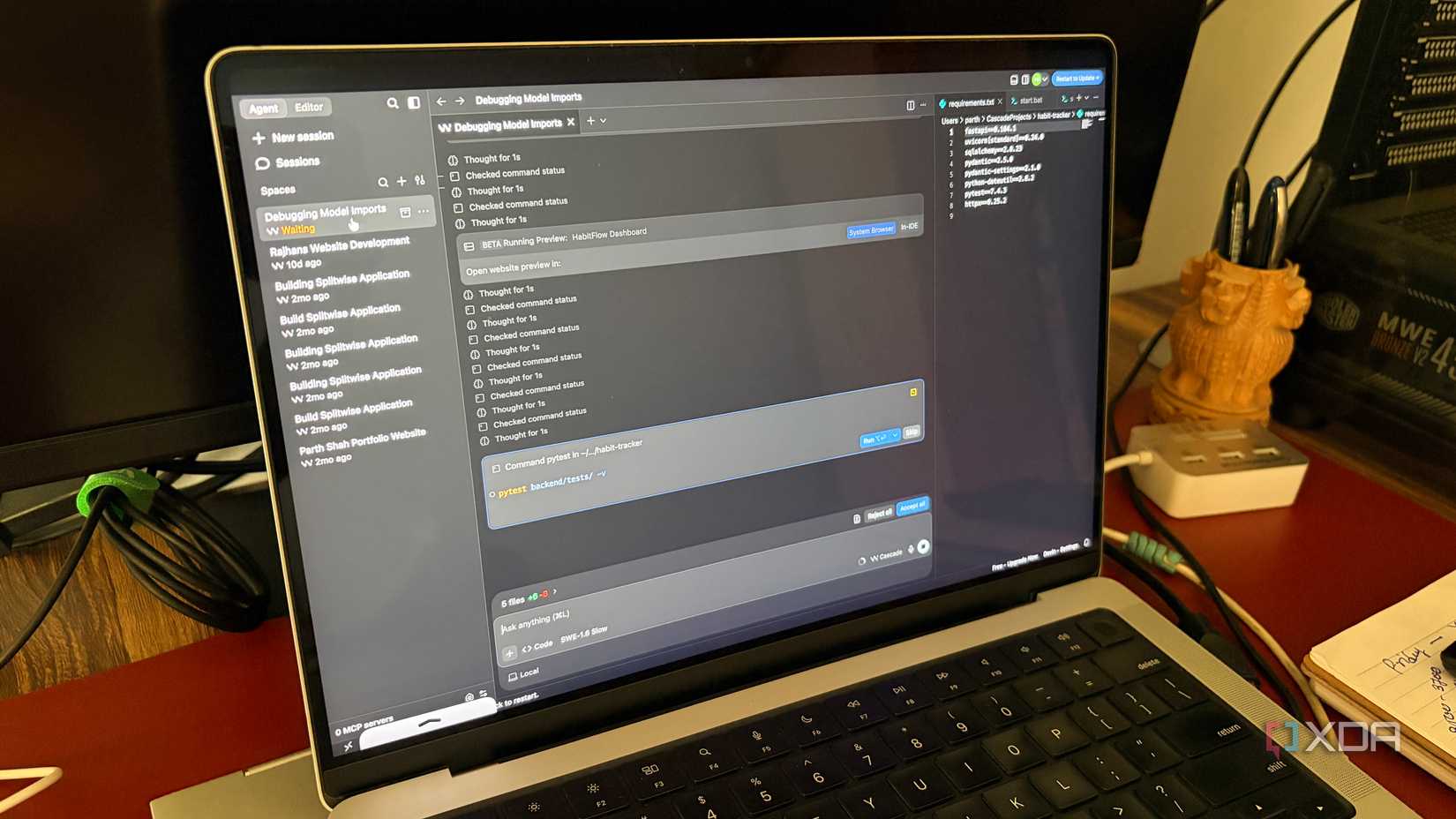 Giao diện Devin Desktop với danh sách phiên và lệnh pytest chờ chấp nhận