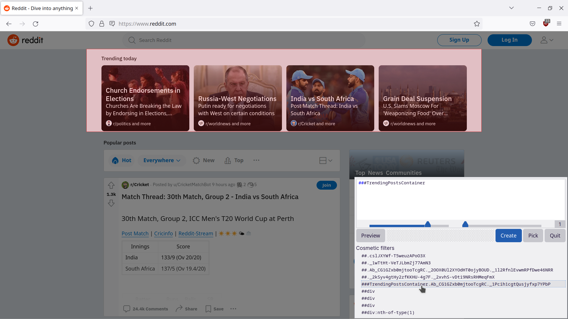 Giao diện Element Picker của uBlock Origin trên trang Reddit, vùng Trending today được tô hồng.