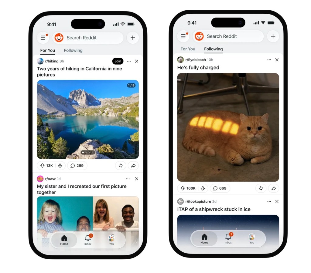 Giao diện feed For You và Following của Reddit