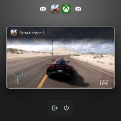 Giao diện Gaming Task View trong Xbox mode với game đang chạy và nút thoát ra desktop, tùy chọn nguồn.