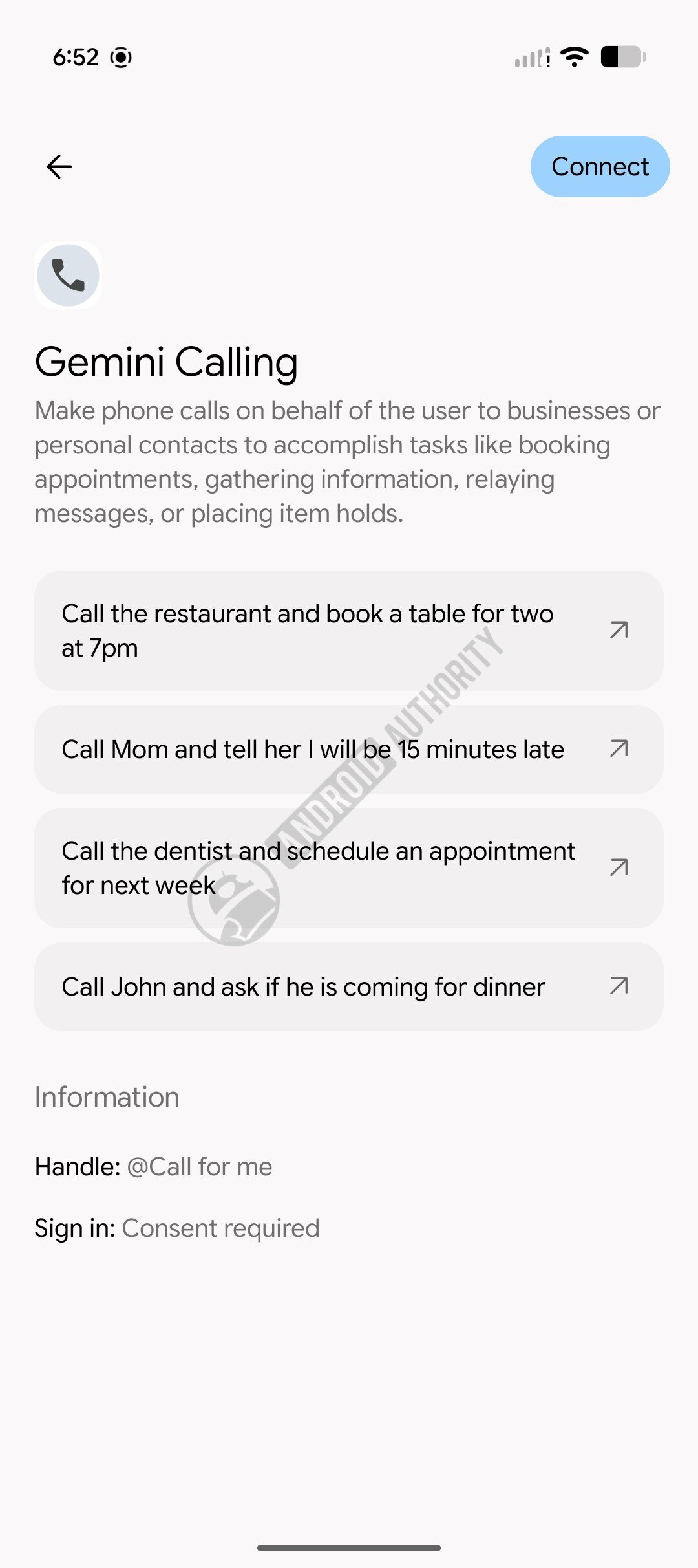 Giao diện Gemini Call for Me với ví dụ liên hệ cá nhân