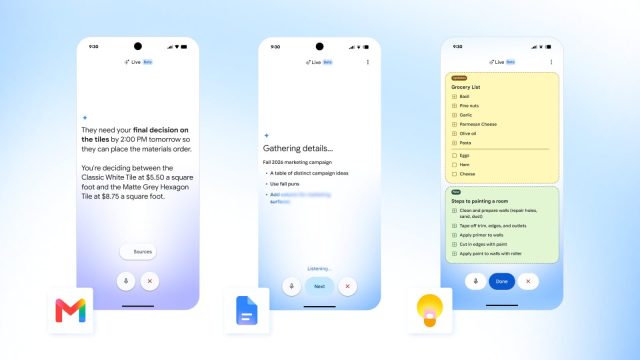 Giao diện Gmail Live, Docs Live và Keep Live; Docs Live ở giữa đang thu thập chi tiết cho tài liệu