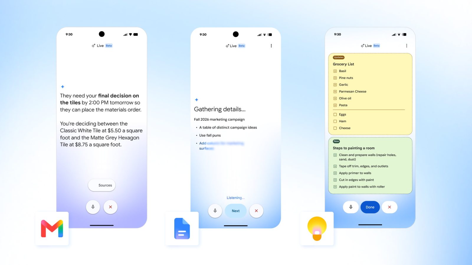Giao diện Gmail Live, Docs Live và Keep Live; Docs Live ở giữa đang thu thập chi tiết cho tài liệu