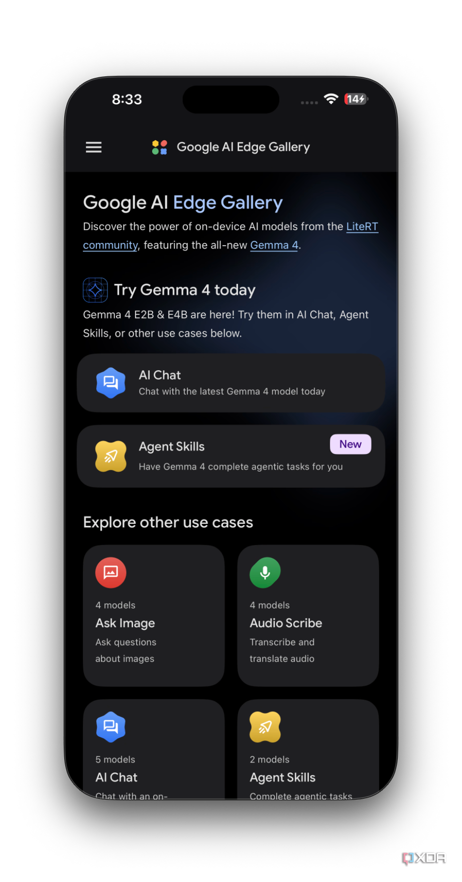 Giao diện Google AI Edge Gallery trên điện thoại