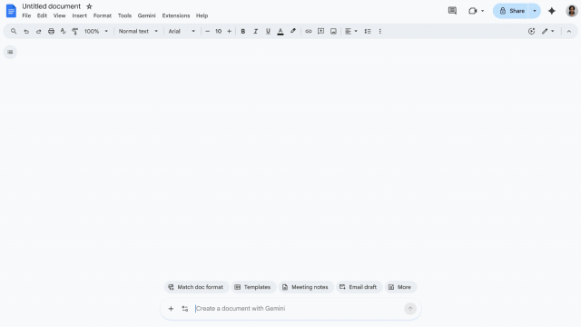 Giao diện Google Docs với khu vực tạo tài liệu bằng Gemini