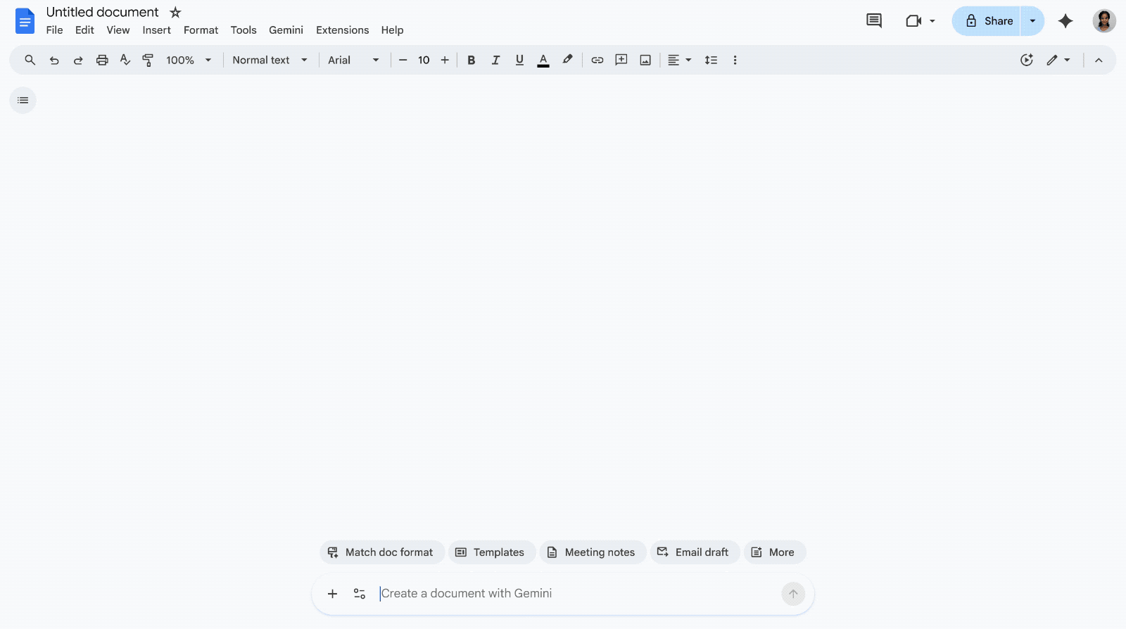 Giao diện Google Docs với khu vực tạo tài liệu bằng Gemini