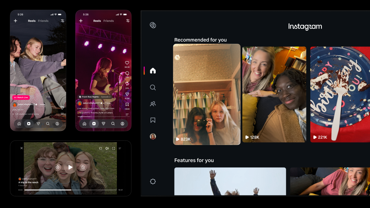 Giao diện Instagram trên điện thoại và TV với mục Features for you