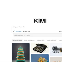 Giao diện Kimi 3D Make với ô nhập yêu cầu và các mẫu mô hình 3D