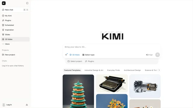 Giao diện Kimi 3D Make với ô nhập yêu cầu và các mẫu mô hình 3D