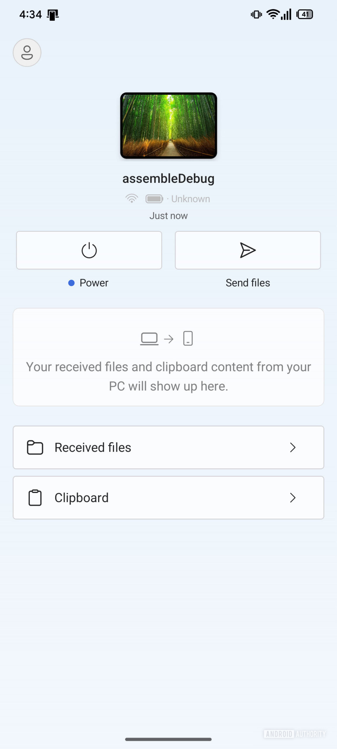 Giao diện Link to Windows với nút Power trên Android