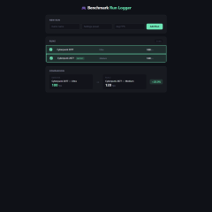Giao diện logger benchmark do OpenCode tạo, hiển thị hai lần chạy và kết quả so sánh FPS
