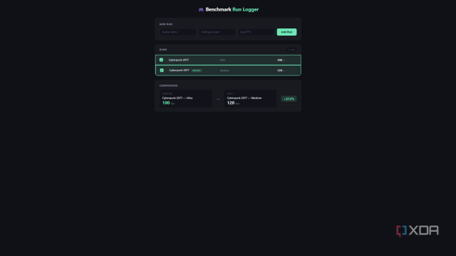 Giao diện logger benchmark do OpenCode tạo, hiển thị hai lần chạy và kết quả so sánh FPS