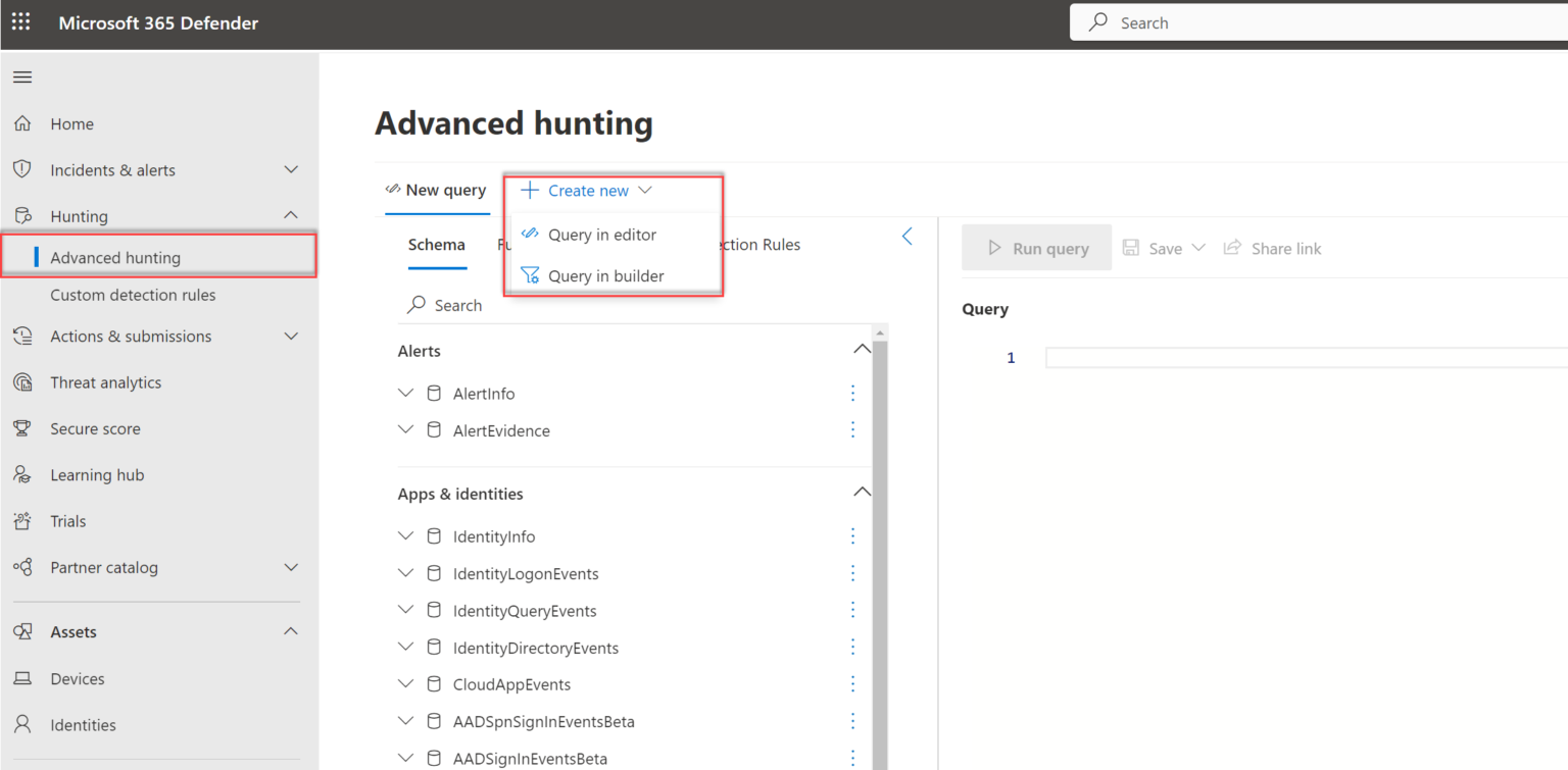 Giao diện Microsoft Defender Advanced Hunting với tùy chọn tạo truy vấn
