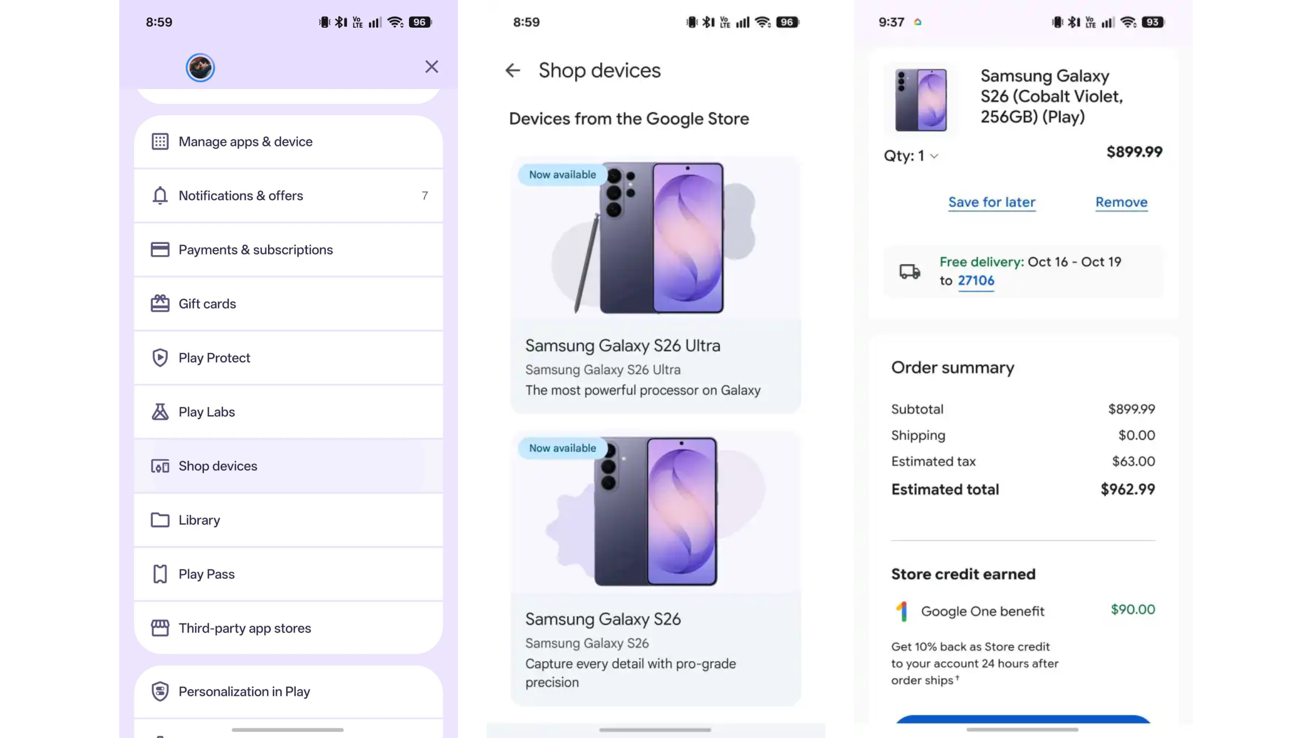 Giao diện mua thiết bị Pixel và Samsung trên Google Play Store