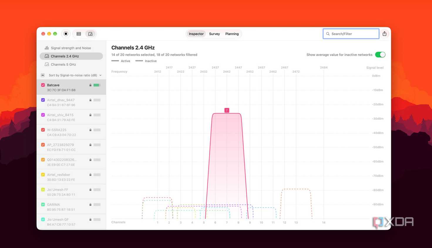 Giao diện NetSpot hiển thị vùng kênh và cường độ tín hiệu 2,4 GHz