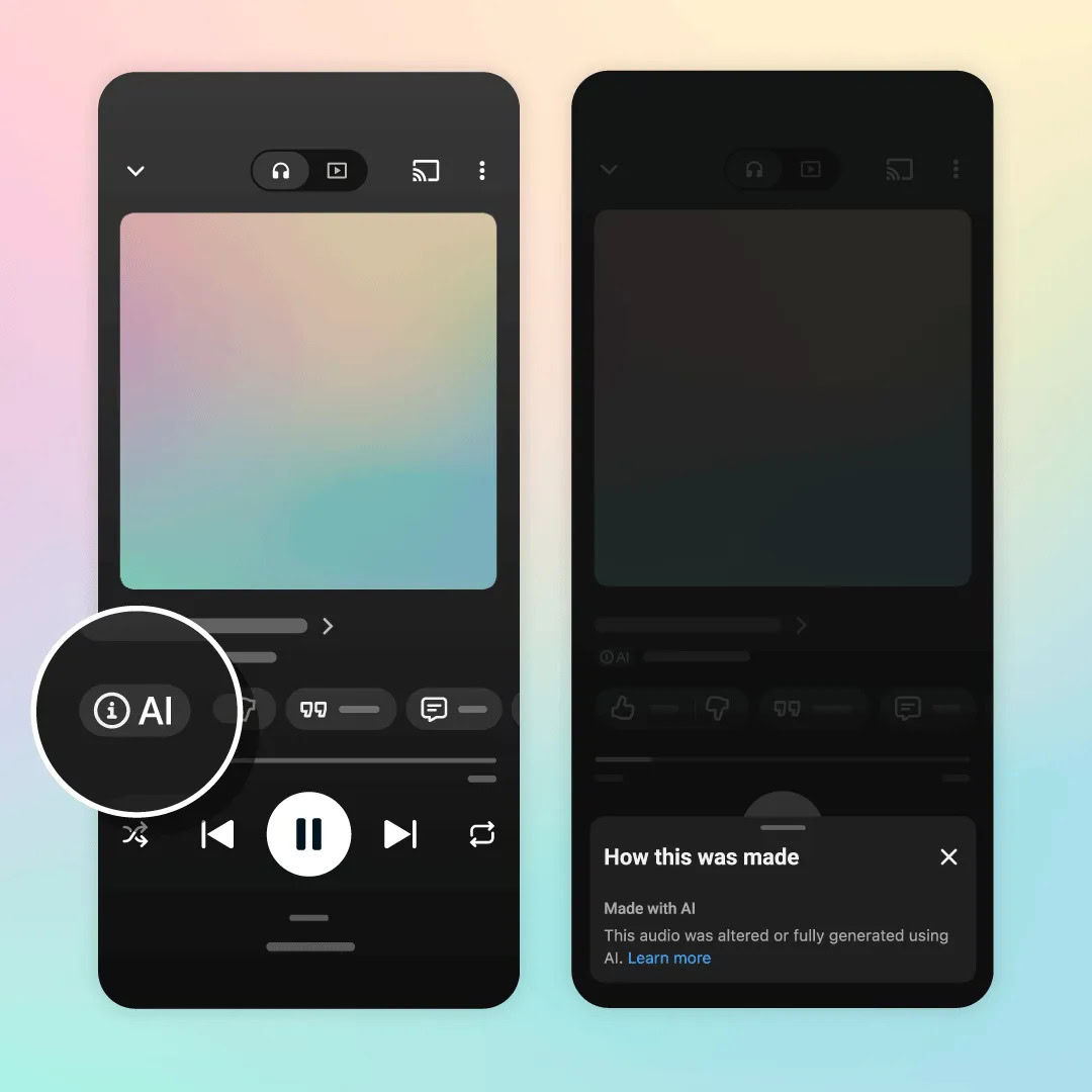 Giao diện nhãn Made with AI trên trình phát YouTube Music