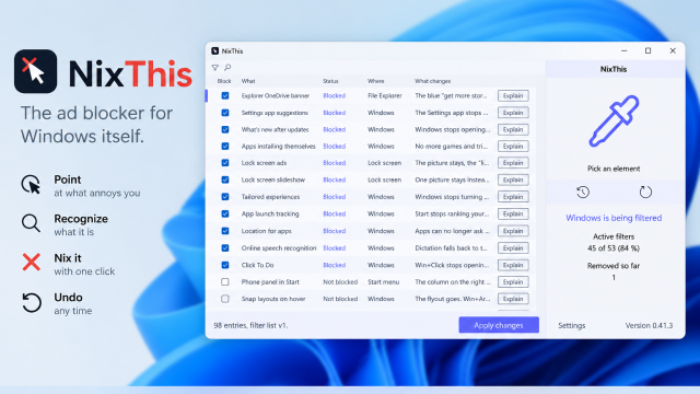 Giao diện NixThis hiển thị các bộ lọc để kiểm soát thành phần Windows