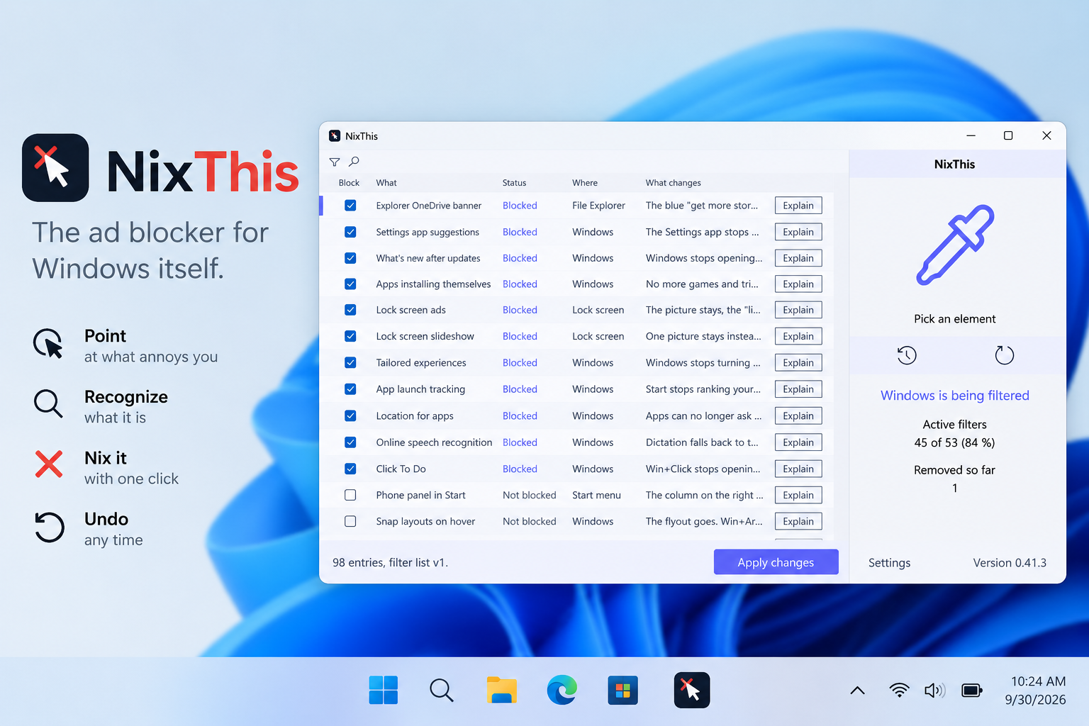 Giao diện NixThis hiển thị các bộ lọc để kiểm soát thành phần Windows