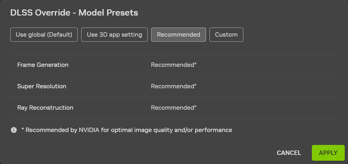 Giao diện NVIDIA app với bảng DLSS Override Model Presets