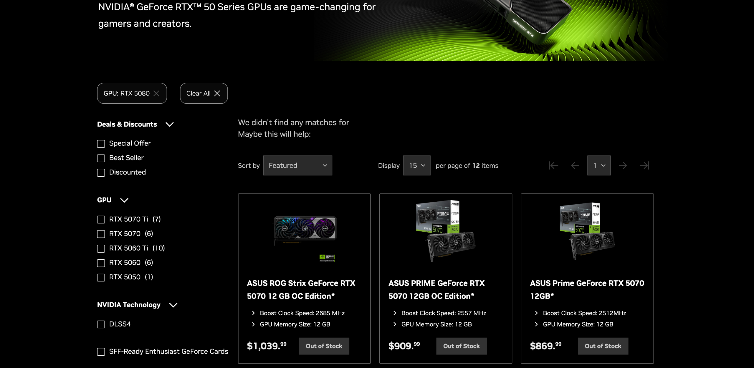 Giao diện NVIDIA Marketplace với bộ lọc RTX 5080 không có kết quả