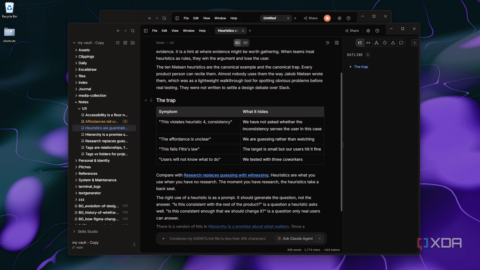 Giao diện OpenKnowledge mở kho ghi chú Obsidian với dàn ý tài liệu