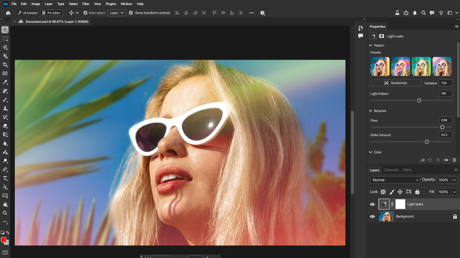 Giao diện Photoshop hiển thị hiệu ứng Light Leaks trực tiếp