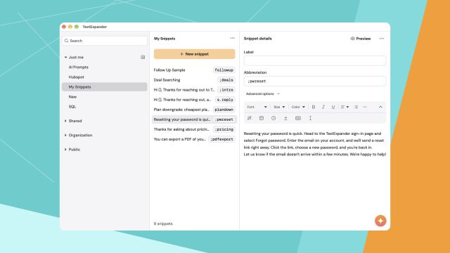 Giao diện quản lý Snippet trong TextExpander
