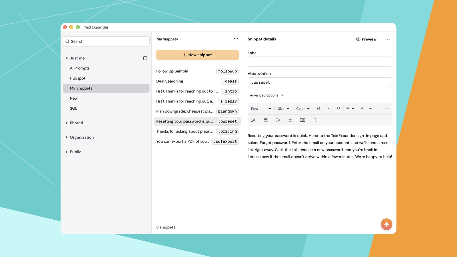 Giao diện quản lý Snippet trong TextExpander