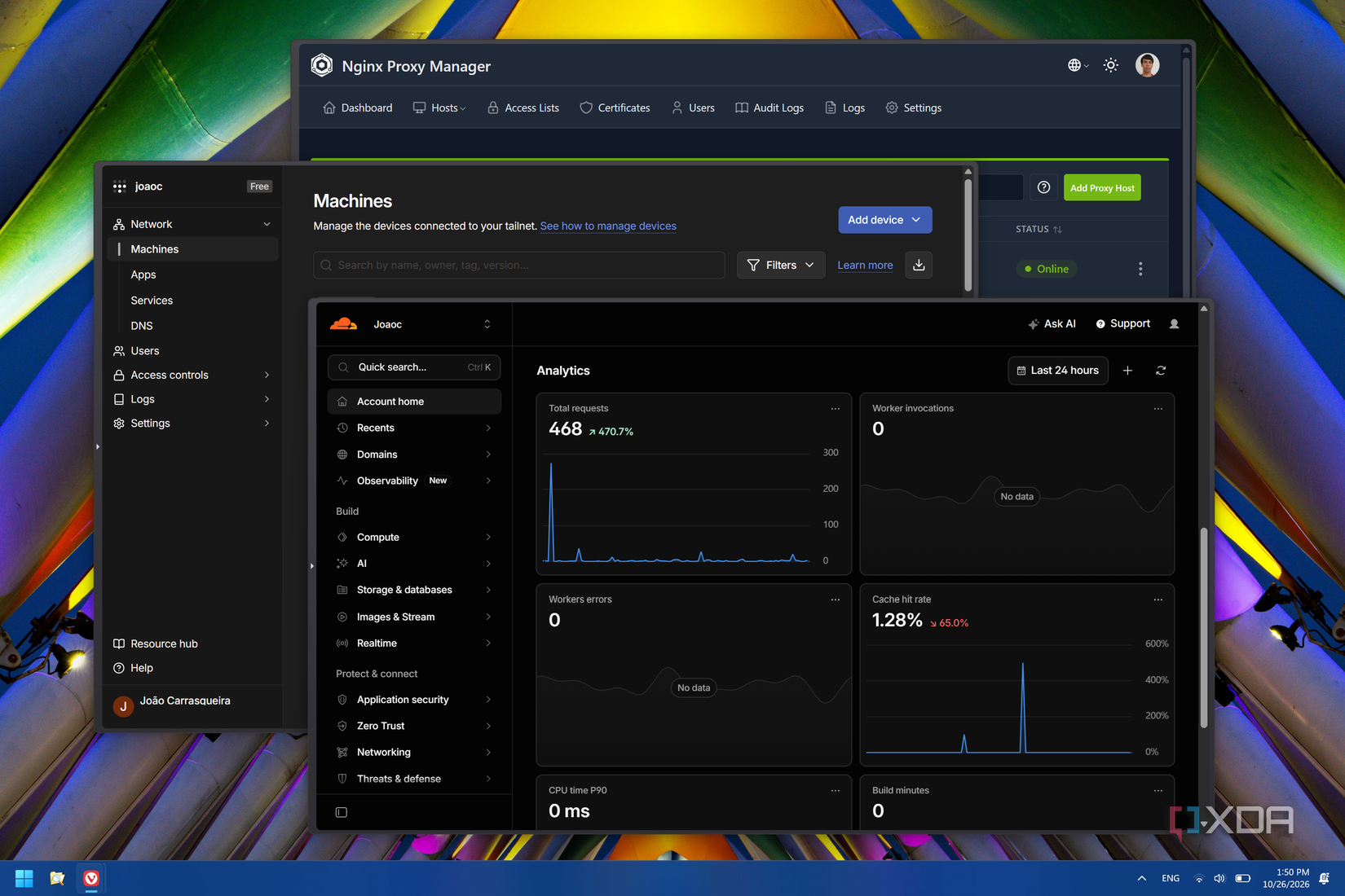 Các giao diện quản lý Tailscale, Nginx Proxy Manager và Cloudflare