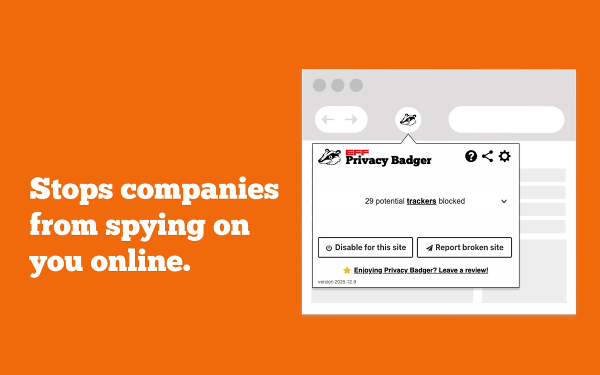 Giao diện quảng bá Privacy Badger cho Safari trên macOS