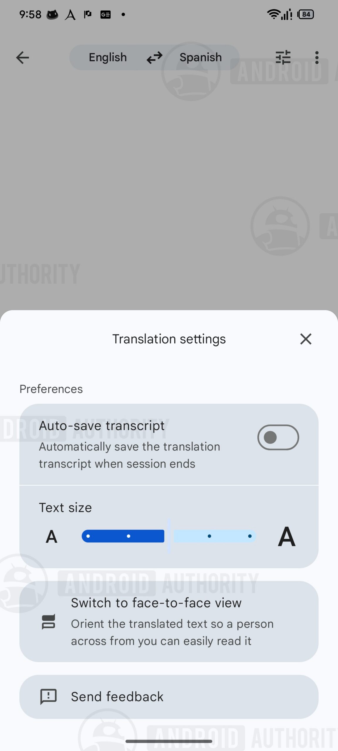 Giao diện sắp ra mắt của Google Translate Live Translate với công tắc Auto-save transcript
