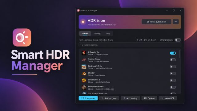 Giao diện Smart HDR Manager hiển thị trạng thái HDR và danh sách trò chơi