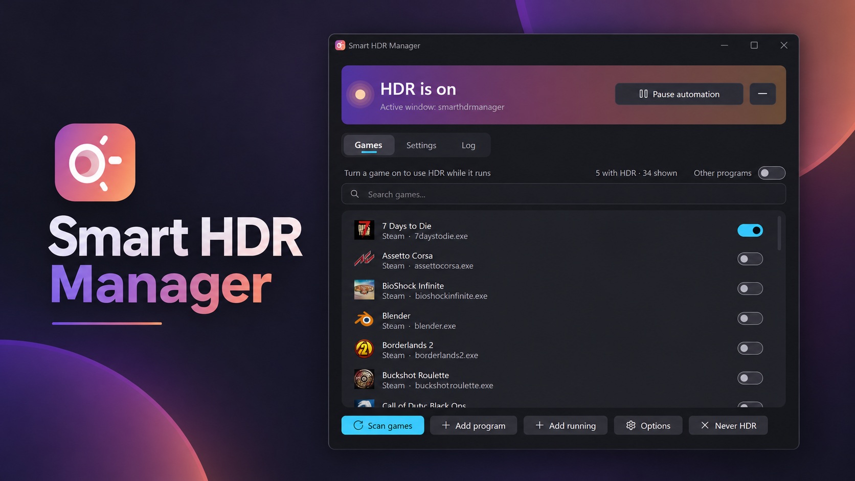 Giao diện Smart HDR Manager hiển thị trạng thái HDR và danh sách trò chơi