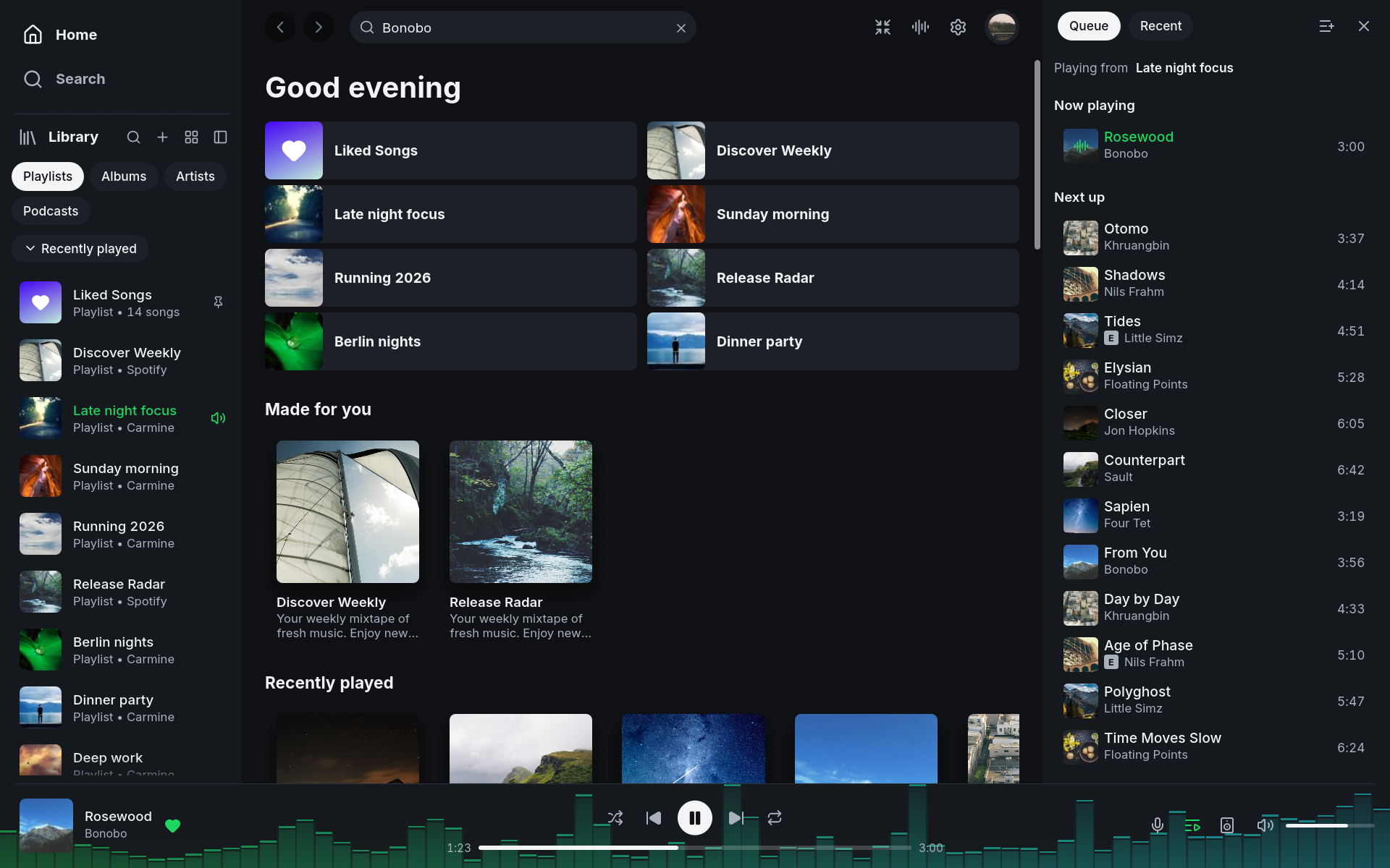 Giao diện Spotifast với thư viện playlist và hàng đợi phát nhạc