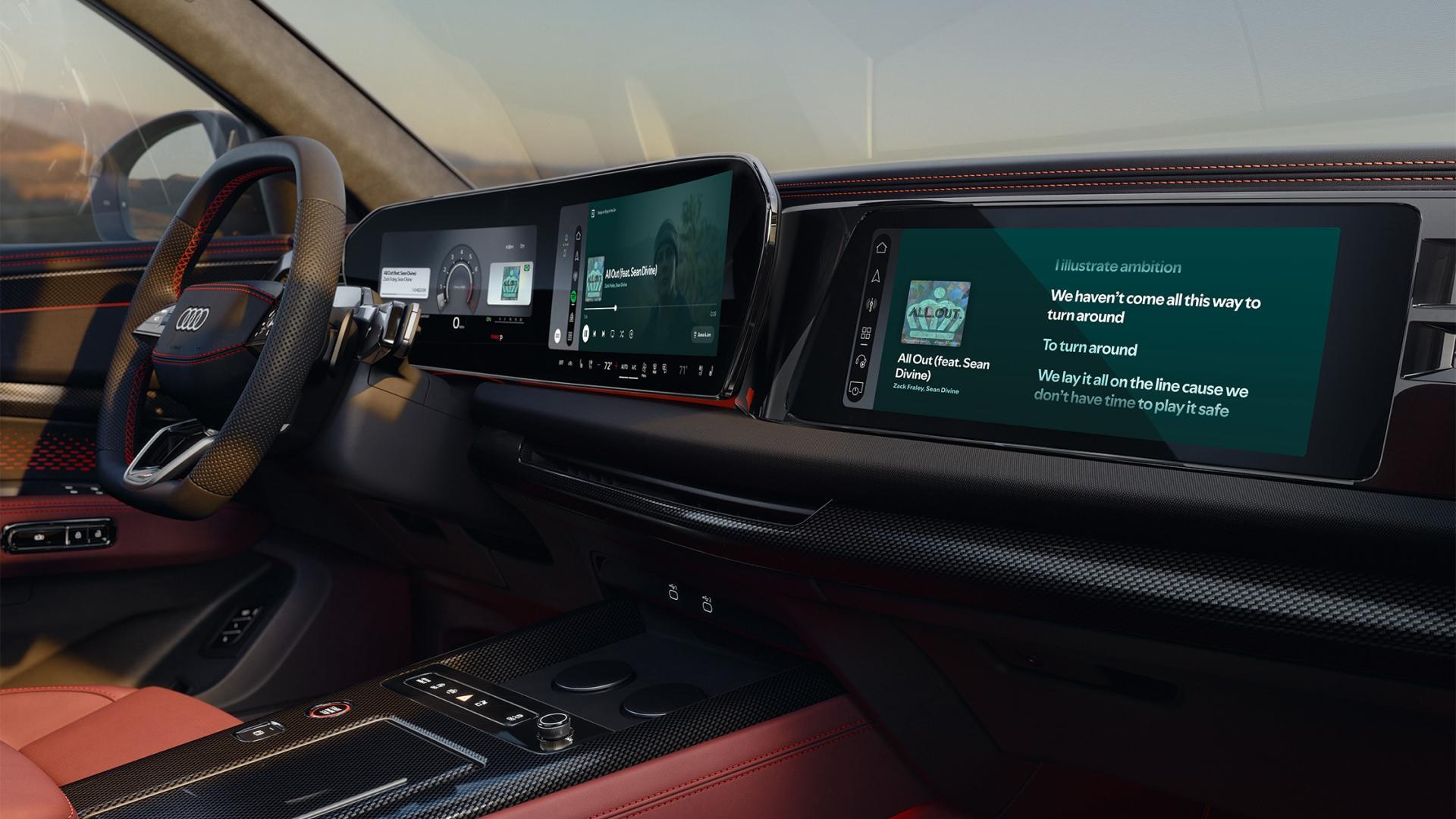 Giao diện Spotify trên màn hình trung tâm và màn hình phụ Audi