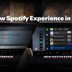 Giao diện Spotify native trên màn hình Audi đặt cạnh giao diện cũ