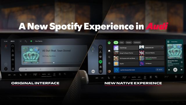 Giao diện Spotify native trên màn hình Audi đặt cạnh giao diện cũ