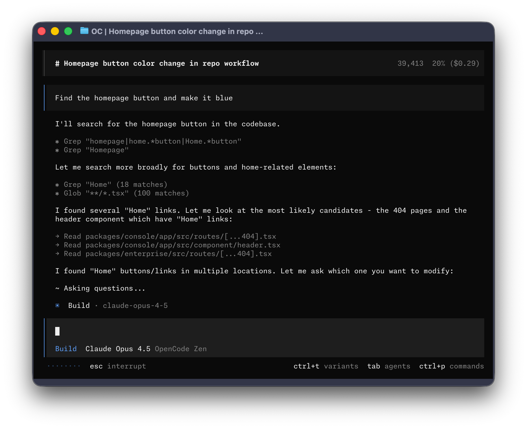 Giao diện terminal của OpenCode