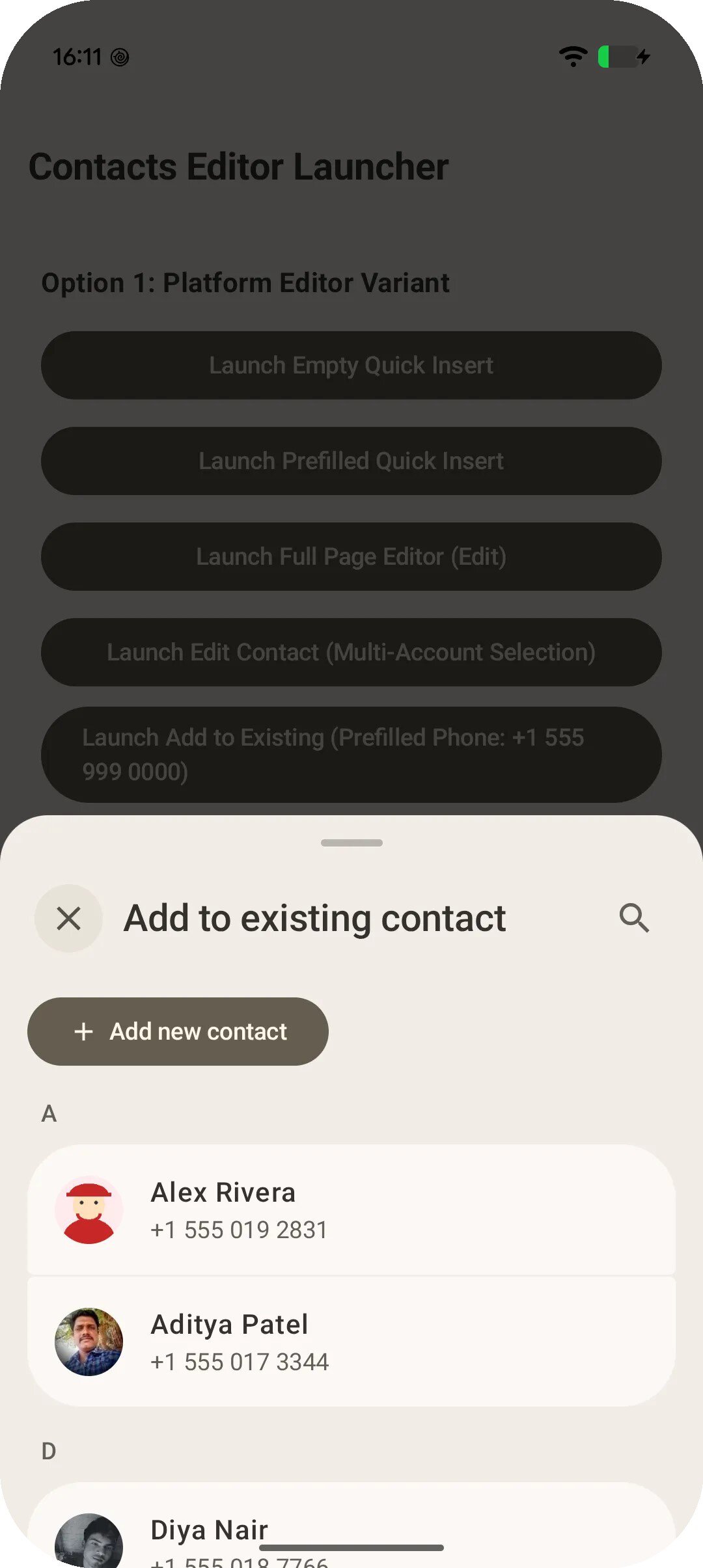 Giao diện thêm hoặc chọn liên hệ trên Android